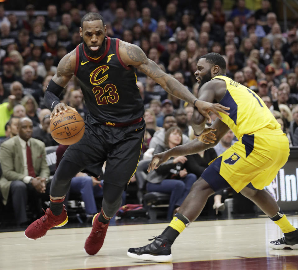 Cleveland Cavaliers’ LeBron James, left, drives past Indiana Pacers’ Lance Stephenson in the first half of Game 7 of an NBA basketball first-round playoff series, Sunday, April 29, 2018, in Cleveland. (AP Photo/Tony Dejak)