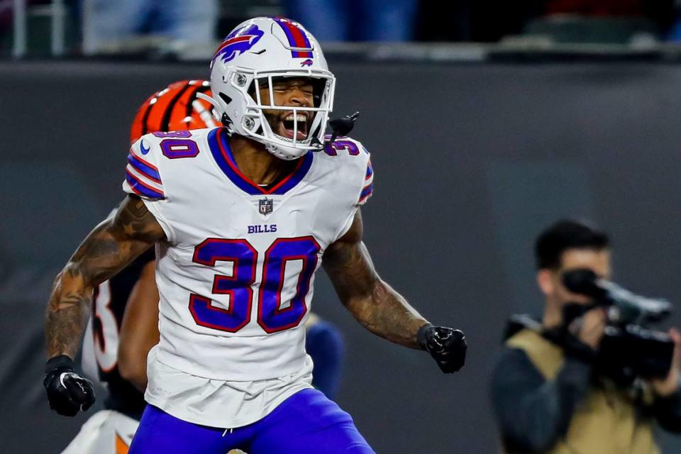 Buffalo Bills cornerback Dane Jackson (30) reacts after breaking up a pass intended for Cincinnati Bengals wide receiver Tyler Boyd (not pictured) in the first half of a 2023 game at Paycor Stadium. Katie Stratman-USA TODAY Sports