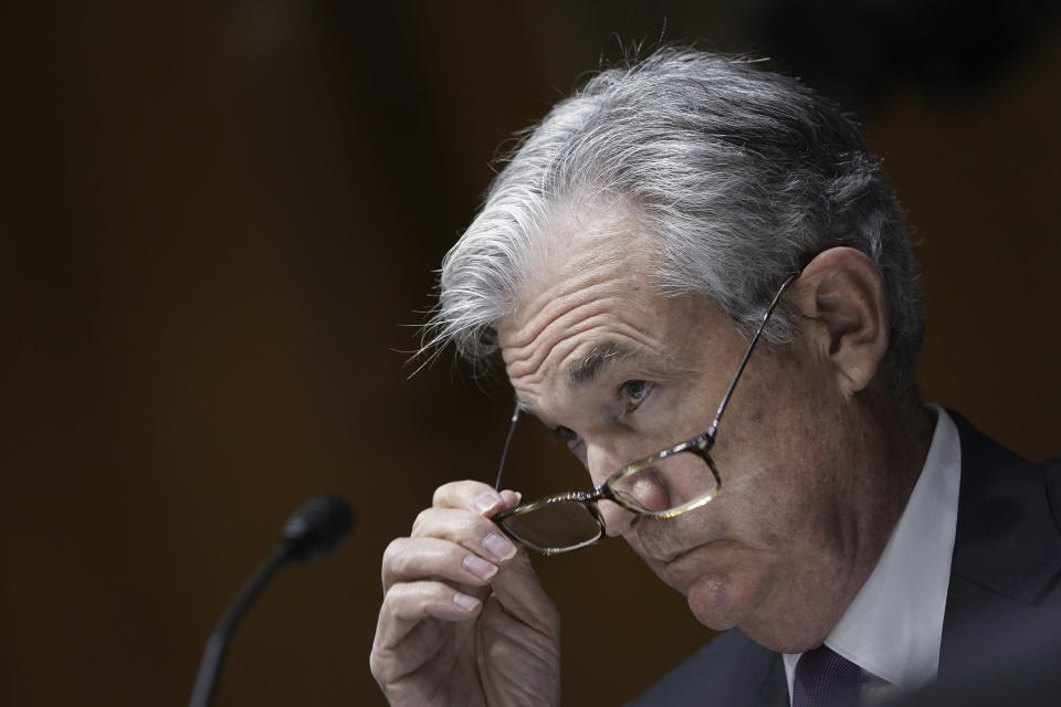 Federal Reserve Board Chairman Jerome Powell testifies during a Senate Banking Committee hearing, Thursday Sept. 24, 2020 on Capitol Hill in Washington about the CARES Act and the economic effects of the coronavirus pandemic. (Drew Angerer/Pool via AP)