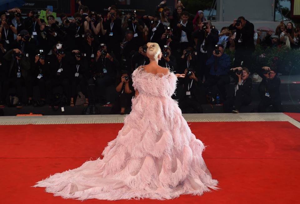 Lady Gaga wore a stunning Valentina couture gown to the premiere of her new film, 'A Star Is Born.'