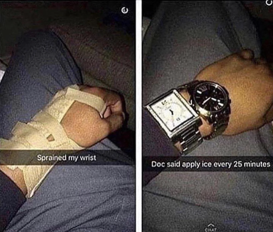 Two images side by side: Left shows a hand with a bandaged wrist and the text "sprained my wrist"; right shows an expensive wristwatch and the text doc says to apply ice"