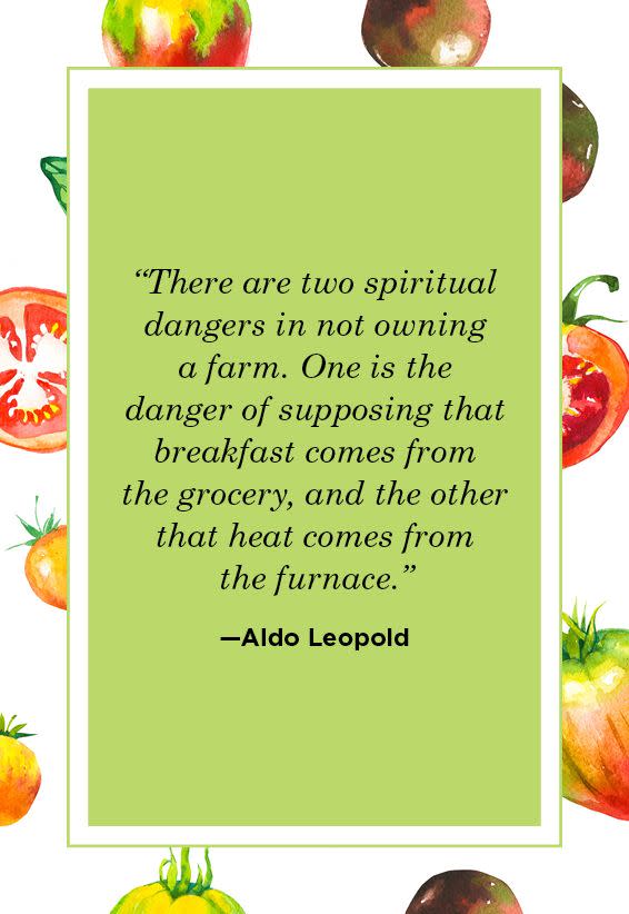 <p>"There are two spiritual dangers in not owning a farm. One is the danger of supposing that breakfast comes from the grocery, and the other that heat comes from the furnace."</p>