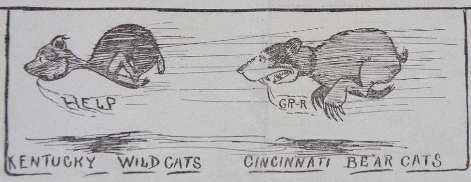 A cartoon by John "Paddy" Reece that appeared in University of Cincinnati's student newspaper, The News Record, in 1914. It came out after UC beat the University of Kentucky Wildcats in a football game.