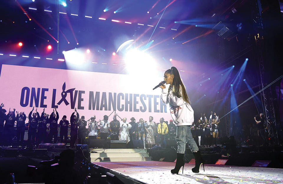 Ariana Grande performs onstage during the One Love Manchester benefit concert at Old Trafford Cricket Ground on June 4, 2017, in Manchester, England. - Credit: Kevin Mazur/One Love Manchester/Getty Images