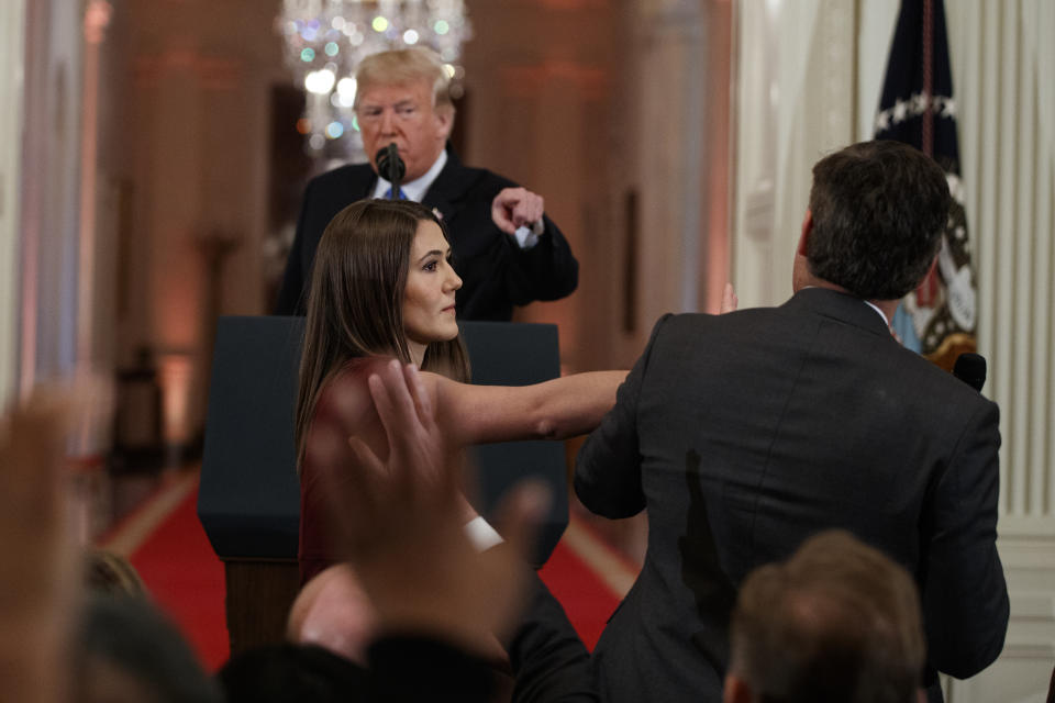 <em>A tense exchange followed the incident where Acosta refused to let go of the microphone (AP)</em>