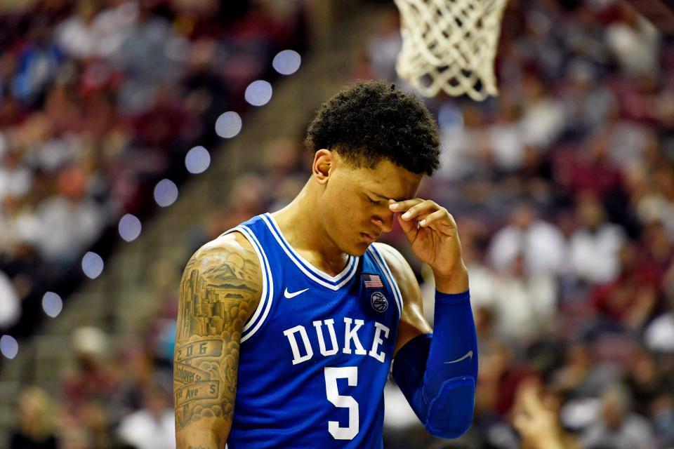 Blue Devils forward Paolo Banchero reacts at the end of the game against the Seminoles.