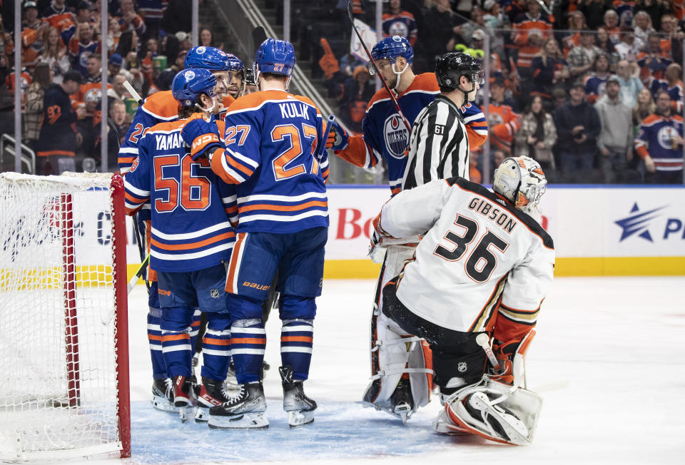 Anaheim Ducks goalie John Gibson (36) looks away as the Edmonton Oilers celebrate a goal during the second period of an NHL hockey game Saturday, April 1, 2023, in Edmonton, Alberta. (Jason Franson/The Canadian Press via AP)