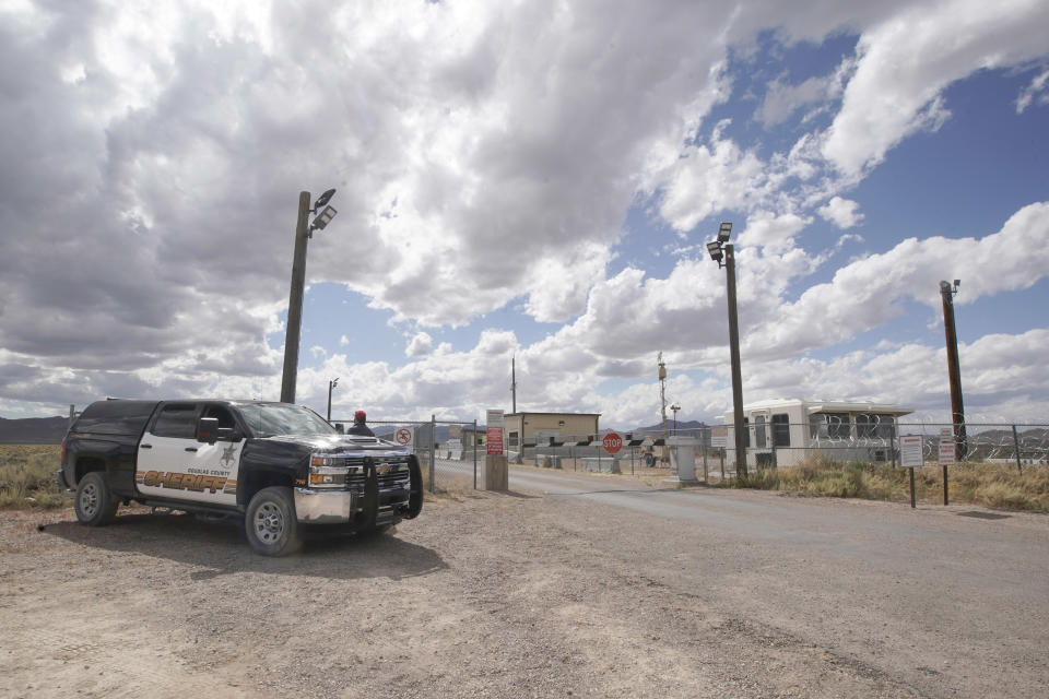 RACHEL, NV - SEPTEMBER, 19: Local sheriffs, stand guard at one of the entrances to  Area 51, on September 19, 2019 in Rachel, Nevada. The Storm Area 51  social media event slated for September 20 & 21, stated online as a challenge to storm Area 51 and find the hidden aliens, a highly secure, secretive, military installation in central Nevada with the slogan, They cant stop us all.  (Photo by George Frey/Getty Images)