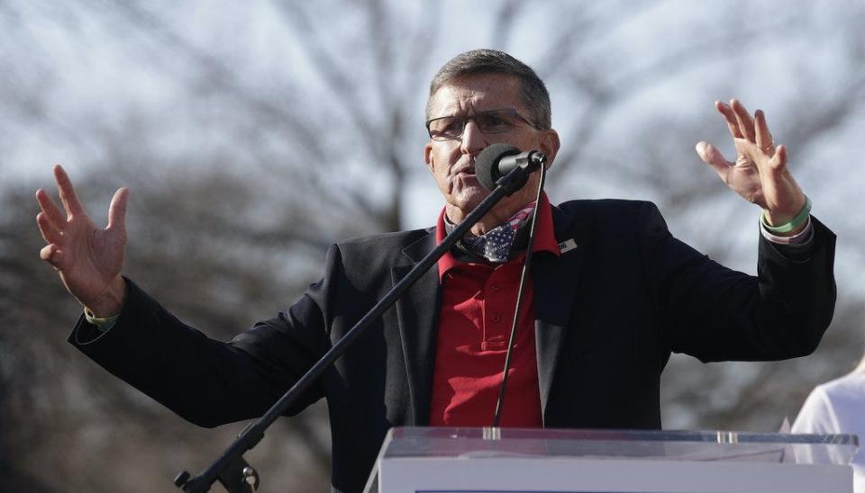 Michael Flynn speaks to a Trump rally on Dec. 12, 2020.