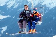 <p>On a ski lift during a holiday in Switzerland.</p>