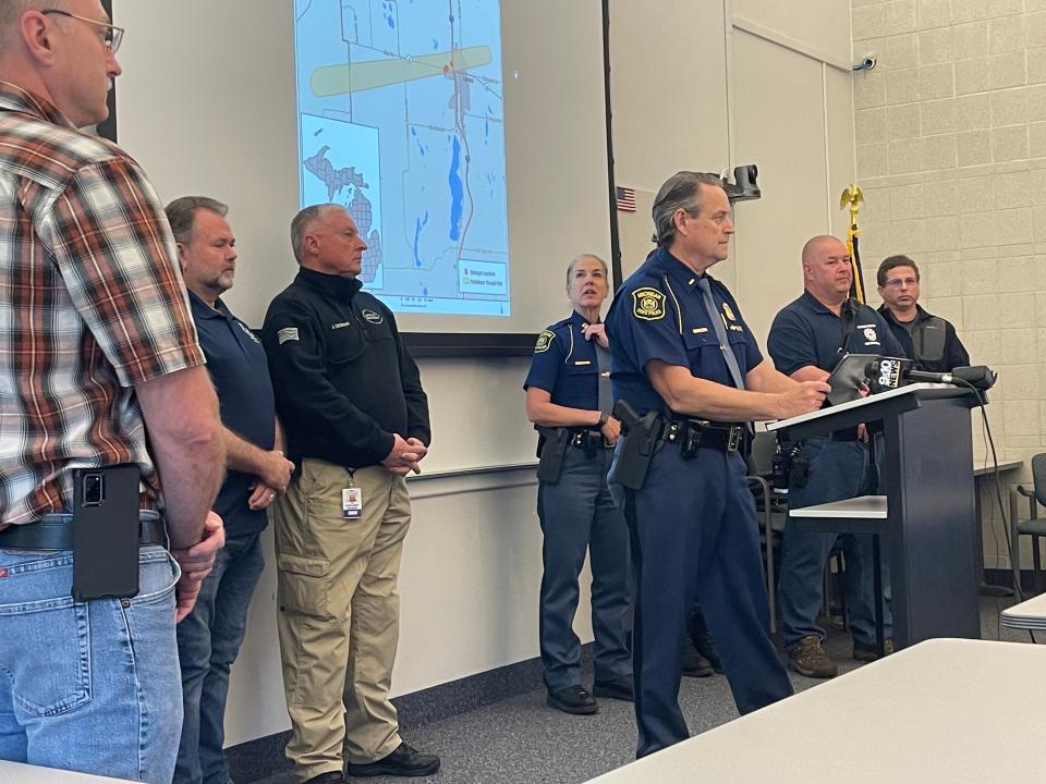 Lt. Derrick Carroll gives an update on damage and rescue efforts in Gaylord on Saturday, May 21, 2022, after a tornado touched down May 20, 2022.