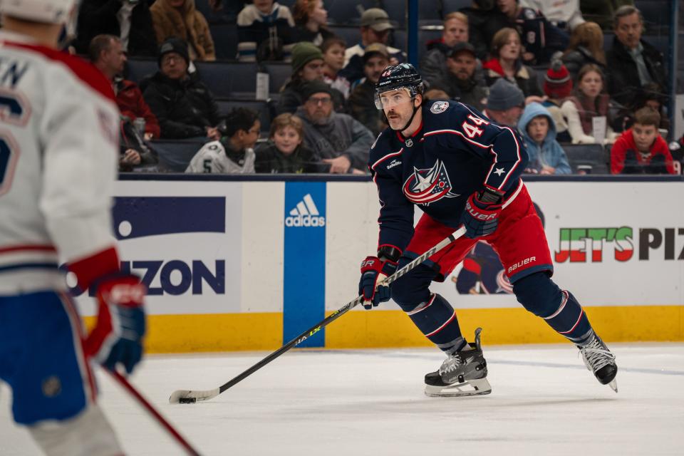 Nov 29, 2023; Columbus, Ohio, USA;
Columbus Blue Jackets defenseman Erik Gudbranson (44) looks for an open pass during the first period of their game against the Montreal Canadiens on Wednesday, Nov. 29, 2023 at Nationwide Arena.