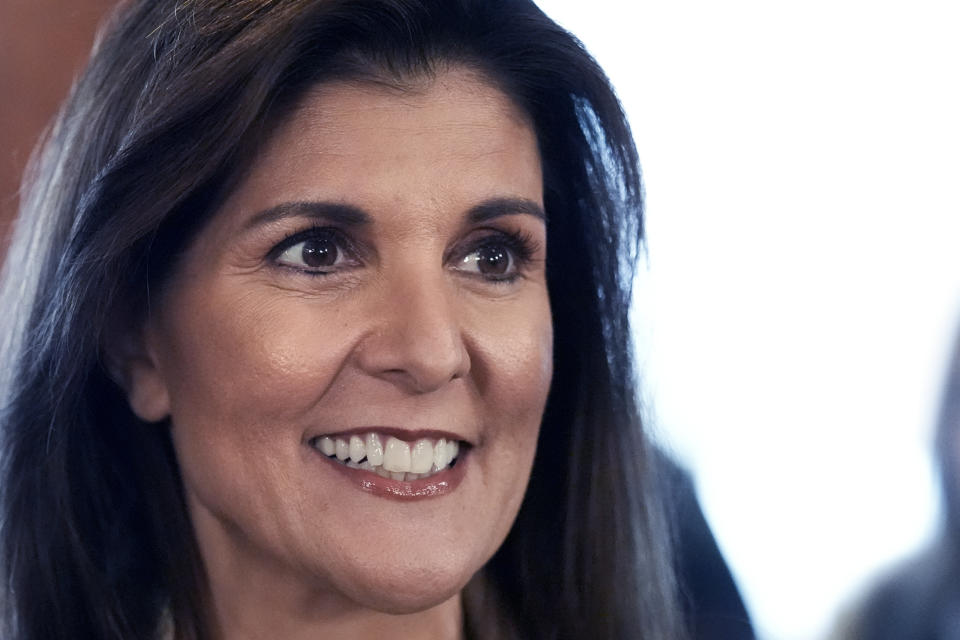 Republican presidential candidate former UN Ambassador Nikki Haley smiles while visiting Kay's Bakery and Cafe, during a campaign stop, Friday, Jan. 19, 2024, in Hampton, N.H. (AP Photo/Charles Krupa)