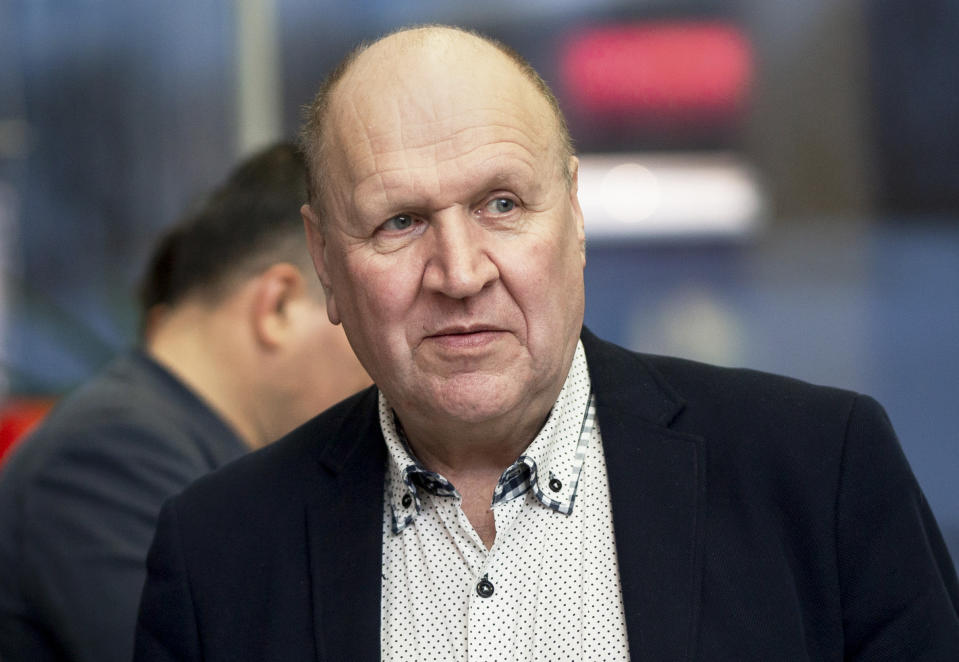 In this photo taken on Tuesday, Feb. 26, 2019, Chairman of the Estonian Conservative People's Party (EKRE) Martin Helme speaks at his party's campaign meeting in Parnu, Estonia. Nearly a million people are eligible to vote Sunday, March 3, 2019 to choose Estonia’s 101-seat Riigikogu legislature, where the outgoing prime minister and his Center Party is pitted against the center-right opposition Reform Party. (AP Photo/Raul Mee)