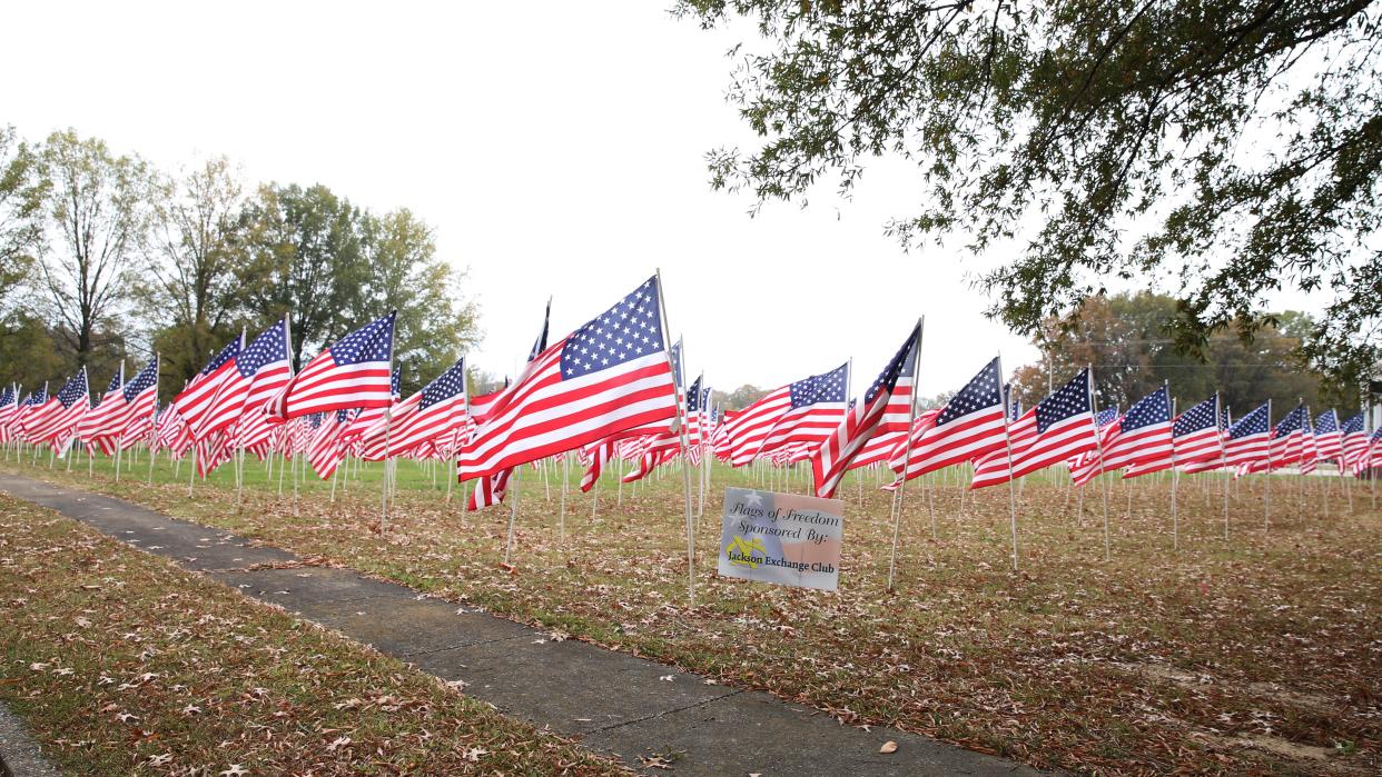 The Jackson Exchange Club held its 15th annual Flags of Freedom fundraiser for the Carl Perkins Center for the Prevention of Child Abuse. The 896 flags recognize veterans, those now serving our country and those who have lost their lives to child abuse or neglect. The event was held at the First Cumberland Presbyterian Church in Jackson, TN November 15, 2022.