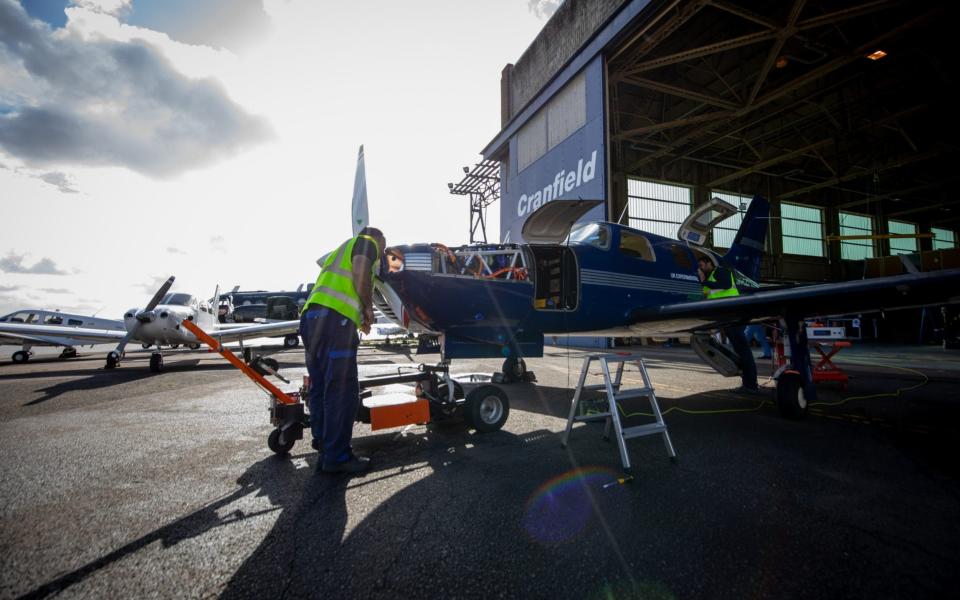 A hydrogen fuelled Piper Malibu plane prepares to take off Cranfield University airstrip - ZeroAvia