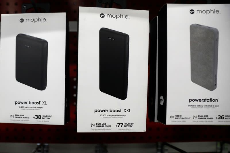 Boxes of Mophie charging devices, which is owned by ZAGG Inc, are displayed in a store in Brooklyn, New York
