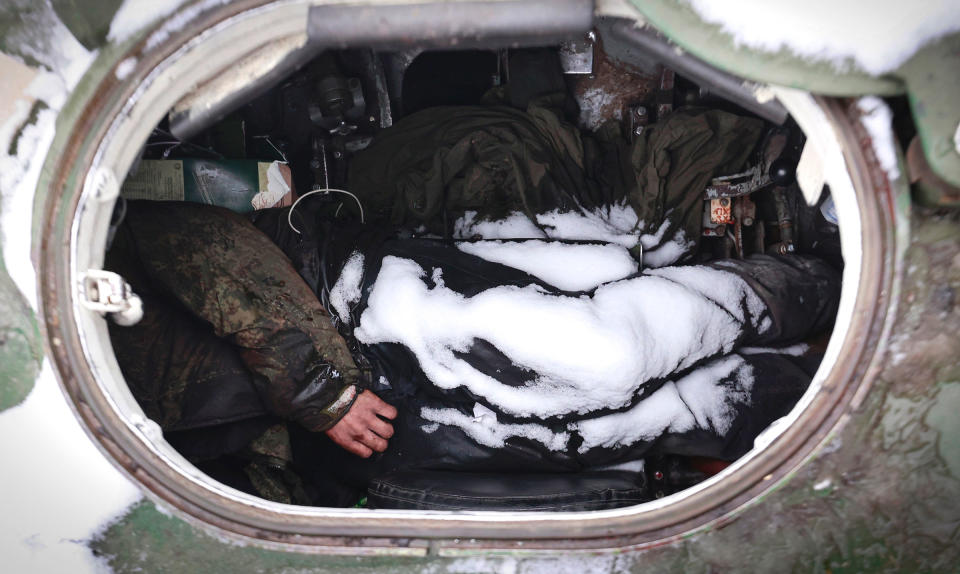 The dead bodies of soldiers are seen in a military vehicle on a road in the town of Bucha, close to the capital Kyiv, Ukraine, on March 1.<span class="copyright">Serhii Nuzhnenko—AP</span>