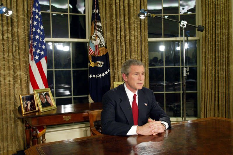 President George W. Bush speaks to the world from the Oval Office on March 19, 2003, announcing the start of the war against Saddam Hussein in Iraq. Two days earlier, the president gave Hussein and his sons 48 hours to leave Iraq, an ultimatum that was rejected. File Photo by Alex Wong/UPI