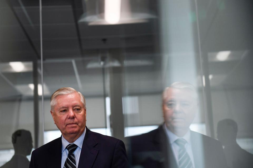 U.S. Senator Lindsey Graham (R-South Carolina) holds a press conference at his downtown office in Greenville, S.C. on Tuesday, June 6, 2023. 