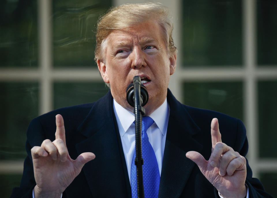 FILE - In this Friday, Feb. 15, 2019, file photo, President Donald Trump declares a national emergency in order to build a wall along the southern border during an event in the Rose Garden at the White House in Washington. California Attorney General Xavier Becerra filed a lawsuit Monday, Feb. 18, 2019, against Trump's emergency declaration to fund a wall on the U.S.-Mexico border. Becerra released a statement Monday saying 16 states — including California — allege the Trump administration's action violates the Constitution. (AP Photo Evan Vucci, File)