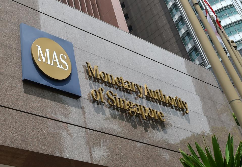 A general view shows the logo of the Monetary Authority of Singapore (MAS) in Singapore on April 14, 2016. - Emerging market currencies went into a tailspin on April 14 as the Singapore central bank's surprise decision to loosen monetary policy ignited fears about Asia's developing economies, sending shudders across the region. (Photo by ROSLAN RAHMAN / AFP)        (Photo credit should read ROSLAN RAHMAN/AFP via Getty Images)