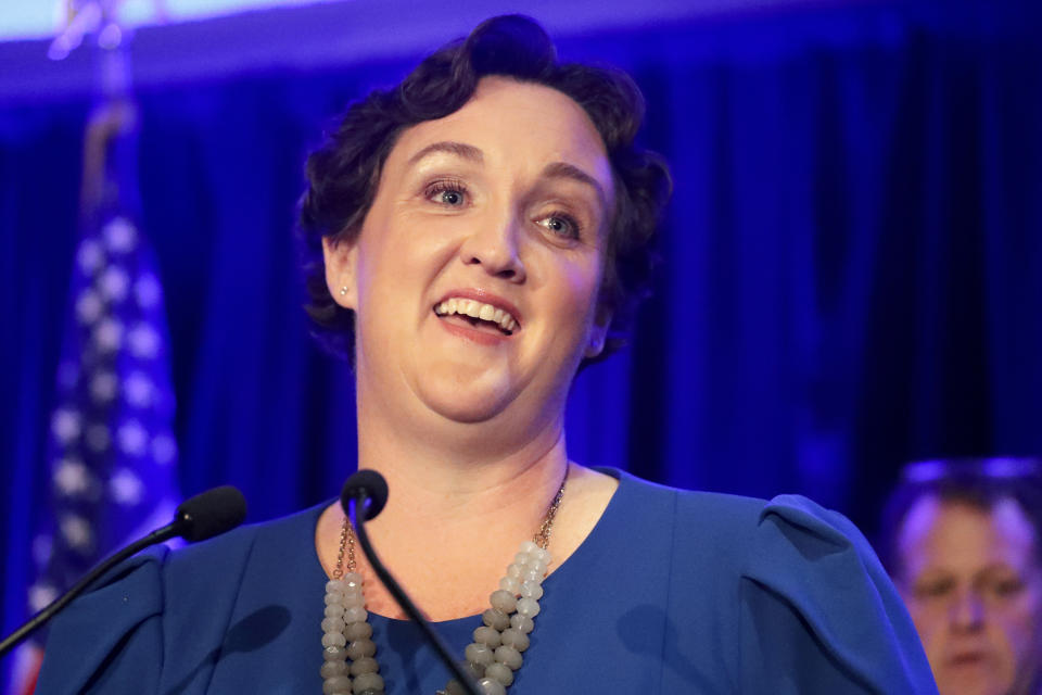 FILE - In this Nov. 6, 2018, file photo, Democratic then-congressional candidate Katie Porter speaks during an election night event in Tustin, Calif. Republican U.S. Rep. Michelle Steel announced she will run in an Orange County coastal district that includes her hometown of Seal Beach, setting up a showdown with Porter, a progressive star and powerhouse fundraiser. Porter announced her plans Monday, Dec. 20, 2021, after her hometown of Irvine was drawn into the coastal district, the 45th. (AP Photo/Chris Carlson, File)