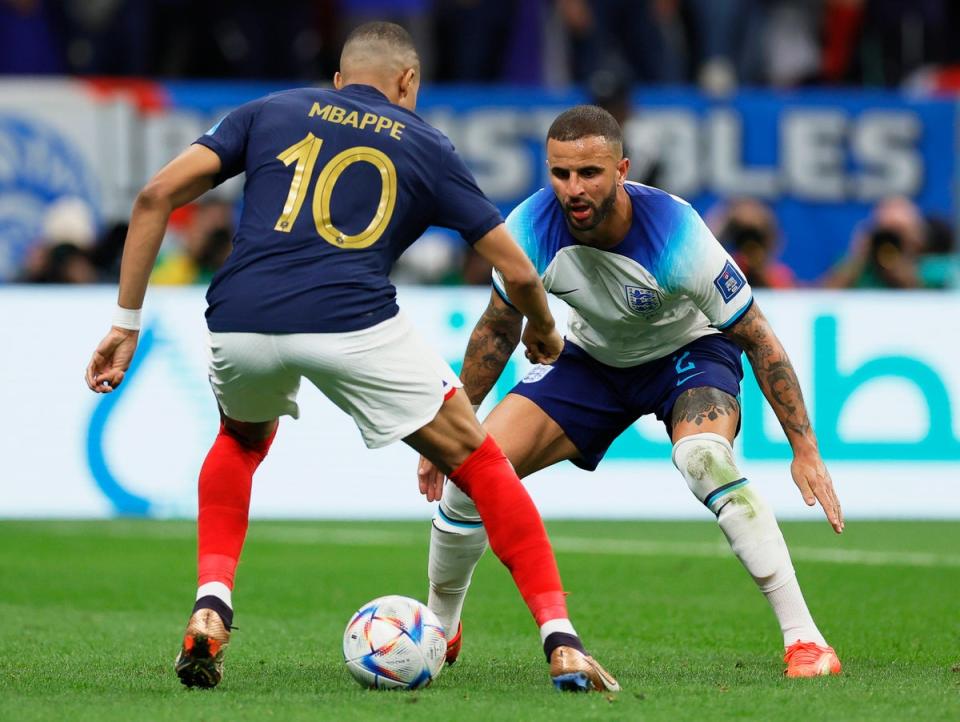 France’s Kylian Mbappe up against England’s Kyle Walker (EPA)