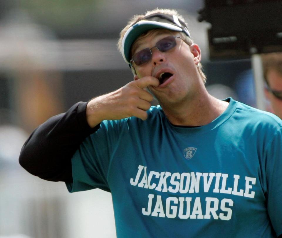 FILE - In this July 26, 2008 file photo, Jacksonville Jaguars defensive coordinator Gregg Williams signals a play during the second day of football training camp, in Jacksonville, Fla. Now that the NFL has uncovered a big-money bounty program for players in New Orleans, it likely will zero in on other teams Williams worked for. That means the Titans, Redskins, Jaguars and Bills probably should all expect to hear from the league soon. (AP Photo/Phil Coale, File)