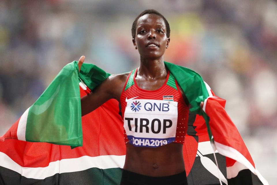 Tirop celebrates 10k bronze at the 2019 World Athletics Championships (Getty)