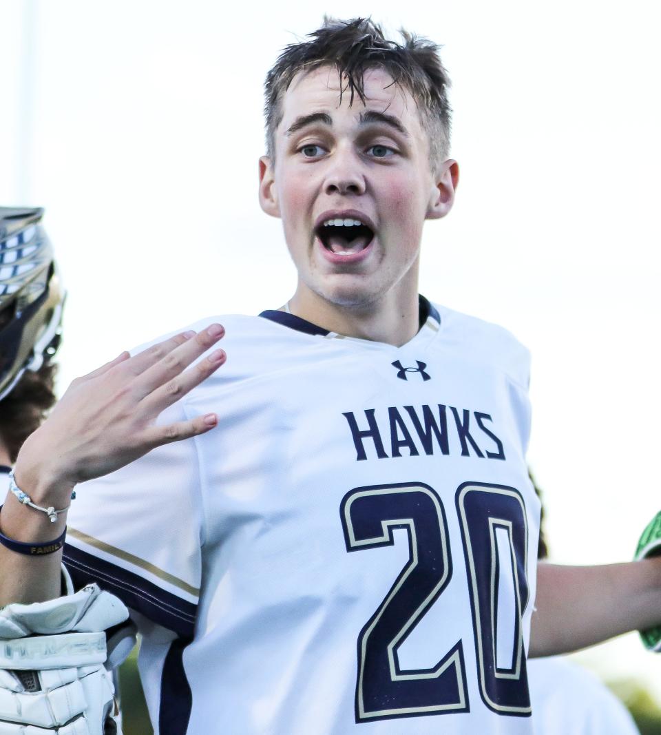 Hanover's Griffin O'Brien celebrates during the Division 3 Elite Eight game against Grafton at Hanover High School on Tuesday, June 14, 2022.