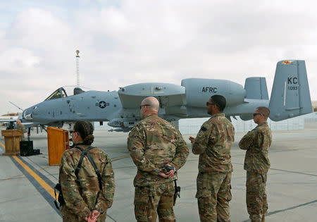 U.S air force personnel stand by an U.S. A-10 aircraft, one of a squadron that arrived at the Kandahar air base, Afghanistan January 23, 2018. REUTERS/Omar Sobhani