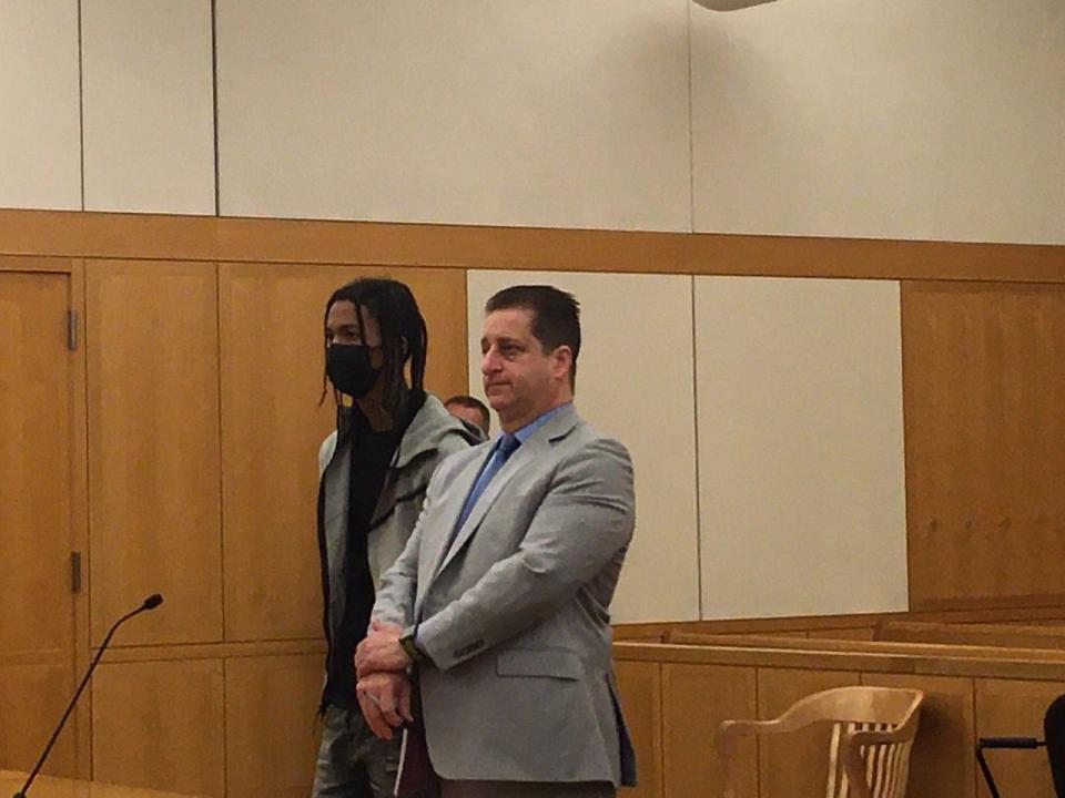 Develle Coates, left, with his then-lawyer Richard Ferrante on Aug. 6, 2021 in Westchester County Court as Coates pleads not guilty to gang assault charges in the beating of a man outside a Yonkers deli June 17. Coates was convicted in November 2022 and sentenced on Jan. 13, 2023, to 12 years in state prison.