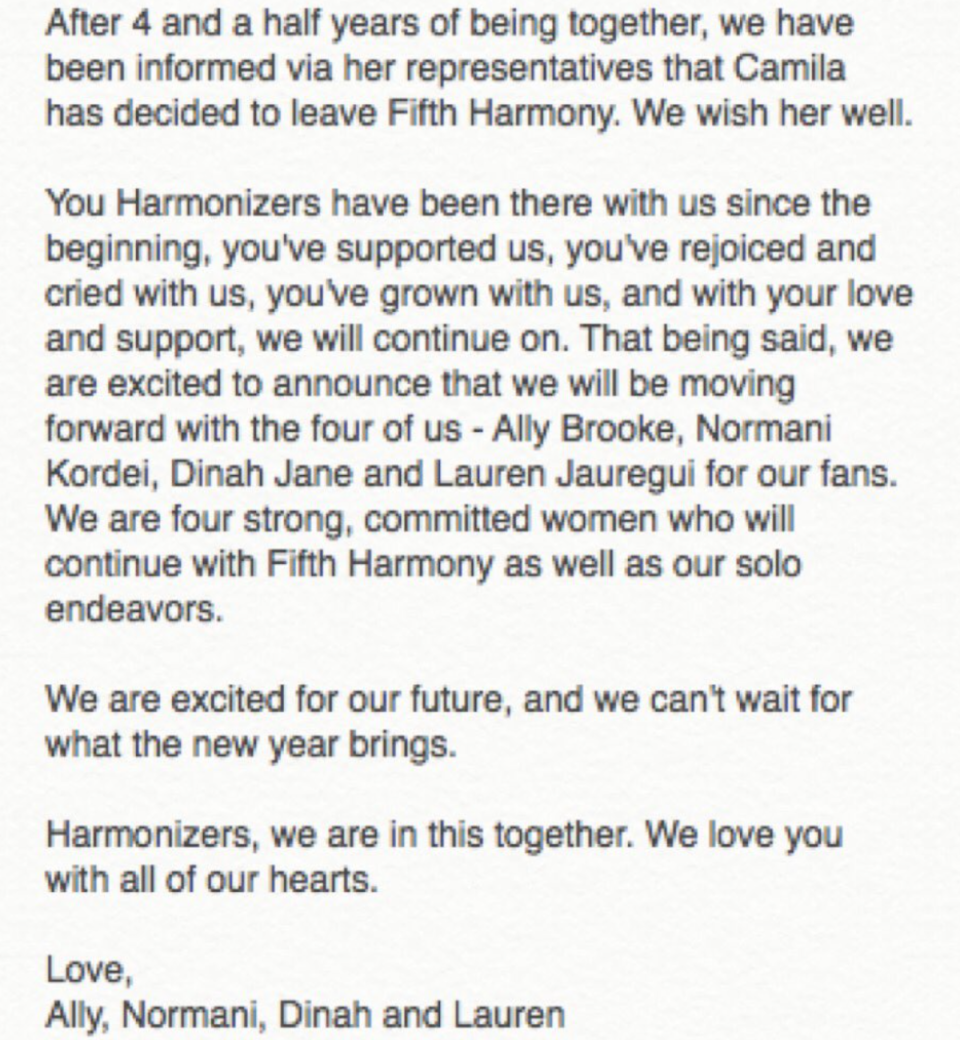 Fifth Harmony released their shock statement on Twitter this morning (Copyright: Twitter/Fifth Harmony)