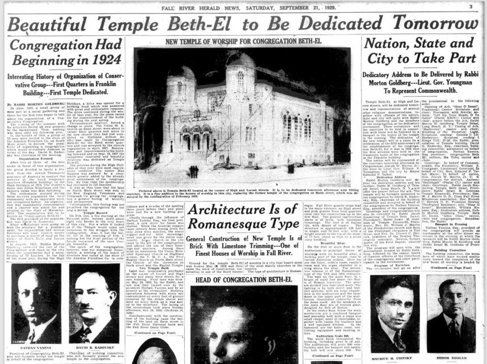 The Fall River Herald News covered the dedication of Temple Beth-El in September 1929.