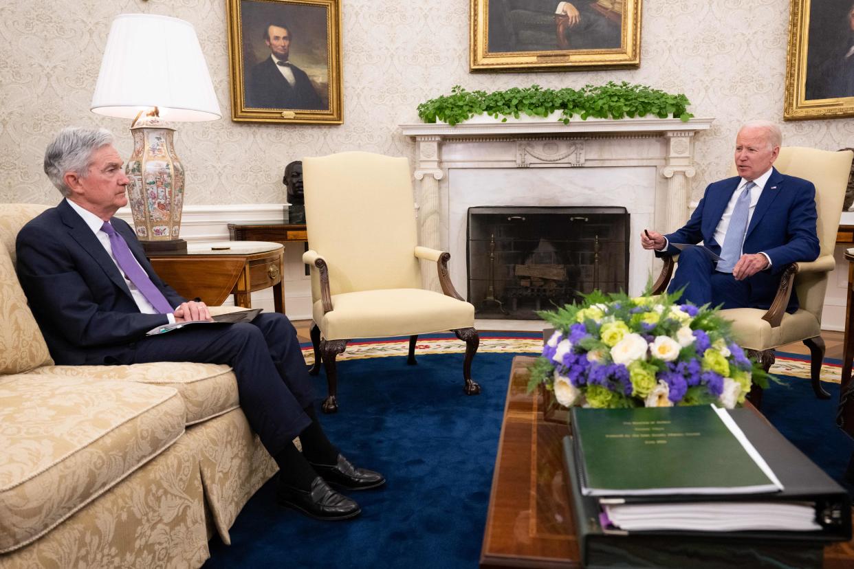 US President Joe Biden and Chairman of the Federal Reserve Jerome Powell hold a meeting in the Oval Office of the White House in Washington, DC, May 31, 2022. (Photo by SAUL LOEB / AFP) (Photo by SAUL LOEB/AFP via Getty Images)