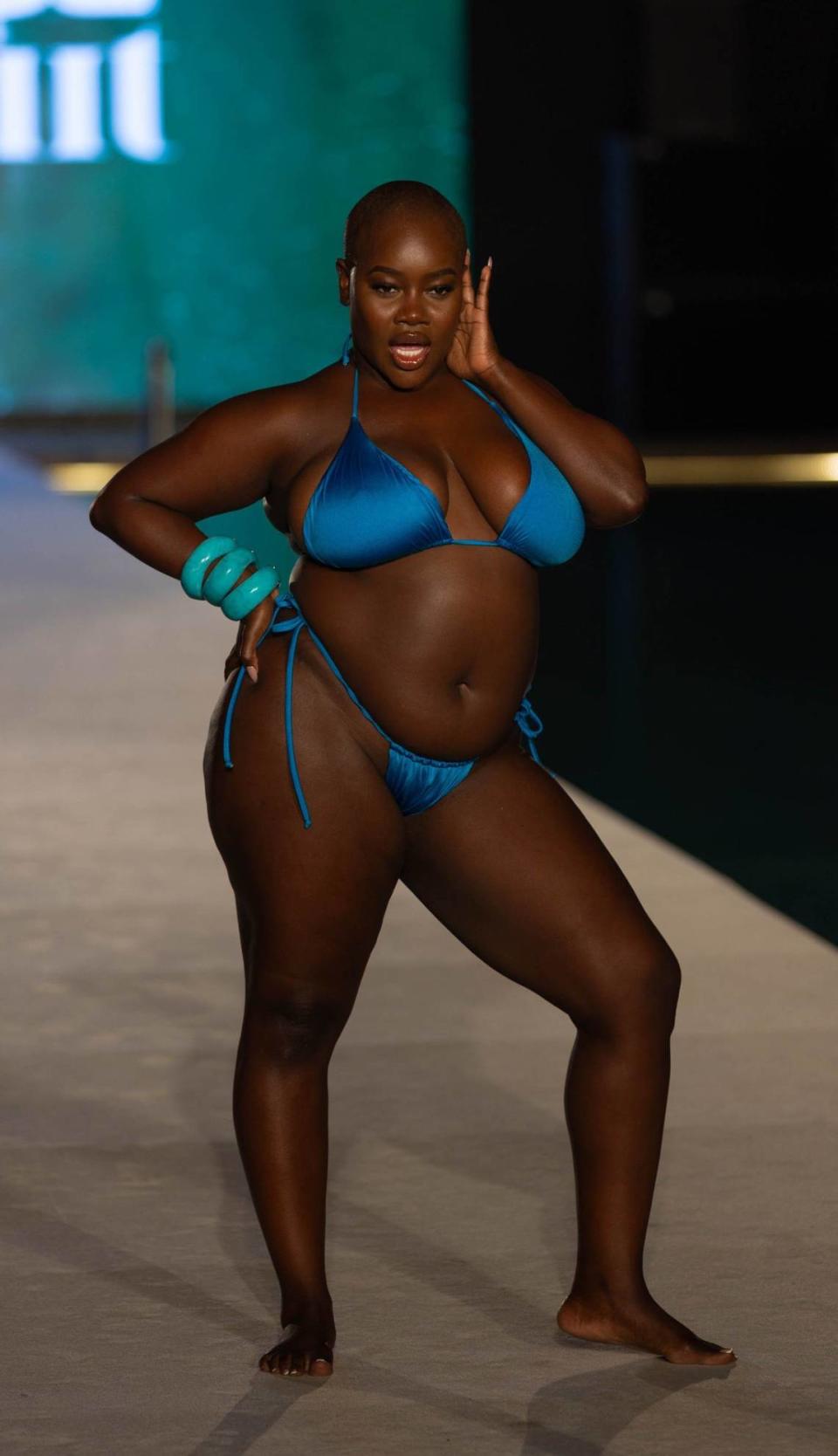 Model Achieng Agutu strikes a pose at the Sports Illustrated Swimwear show at the W South Beach hotel in Miami Beach, FL on Saturday, June 1, 2024.