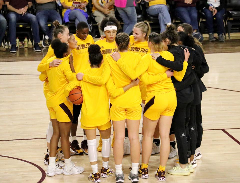 Arizona State women's basketball huddles ahead of their opening game against University of Northern Colorado at Desert Financial Arena.