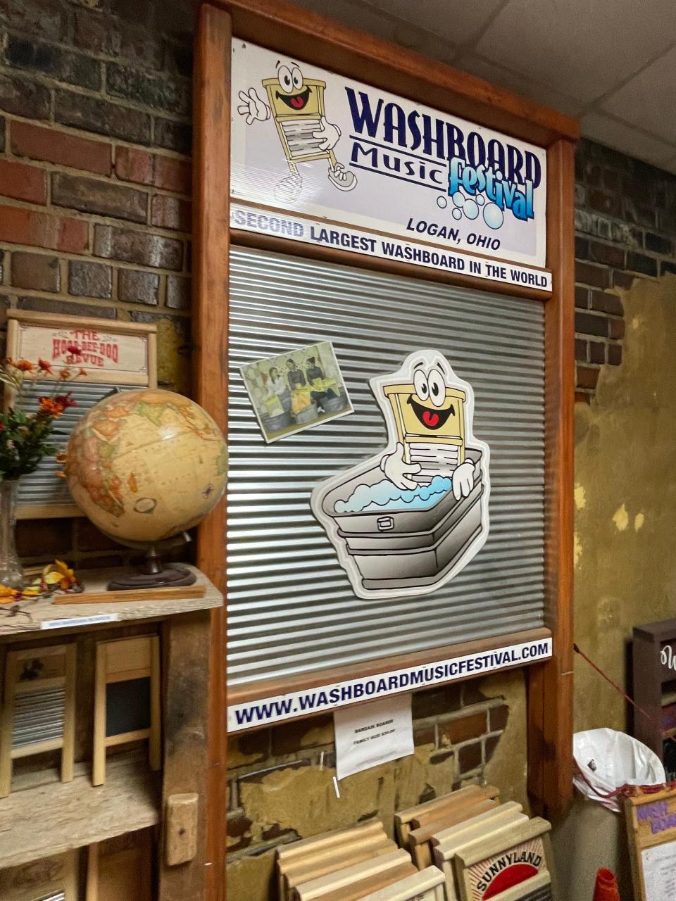 A display at the Columbus Washboard Company promotes the Washboard Festival.