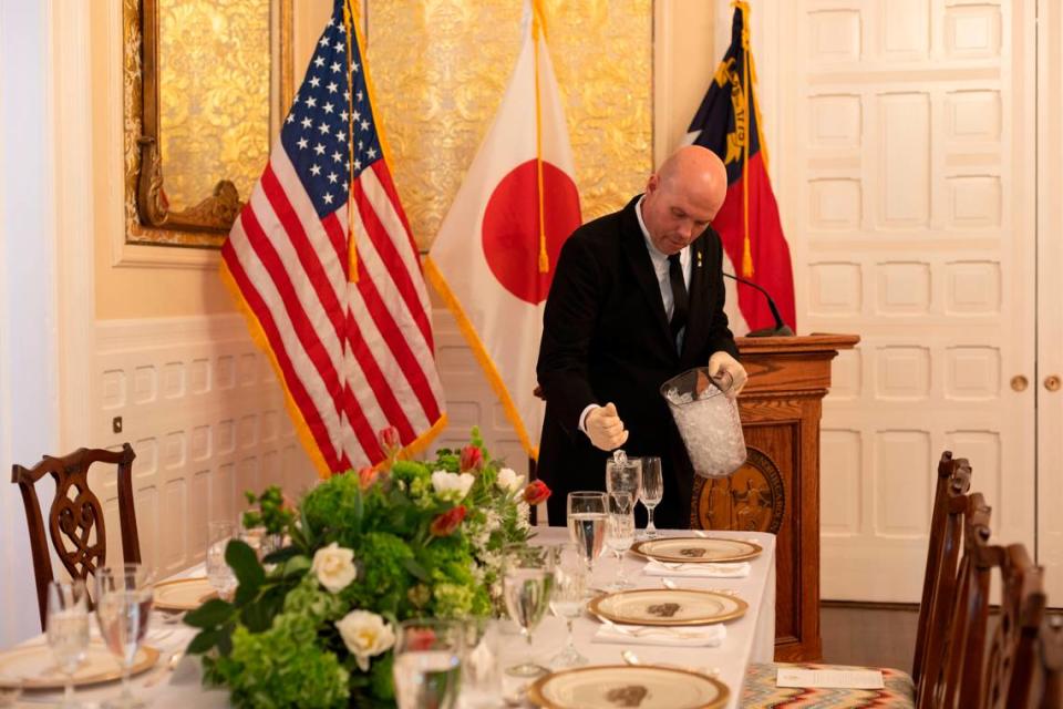 Staff at the North Carolina Executive Mansion prepare for a luncheon for Japanese Prime Minister Fumio Kishida and his wife Yuko Kishida with North Carolina Governor Roy Cooper and first lady Kristin Cooper on Friday, April 12, 2024 in Raleigh, N.C.