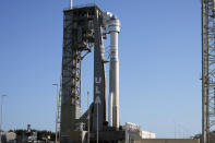 Boeing's Starliner capsule, atop an Atlas V rocket, sits on the launch pad at Space Launch Complex 41 Monday, June 3, 2024, in Cape Canaveral, Fla. NASA astronauts Butch Wilmore and Suni Williams will launch aboard the rocket to the International Space Station, scheduled for liftoff on June 5. (AP Photo/Chris O'Meara)