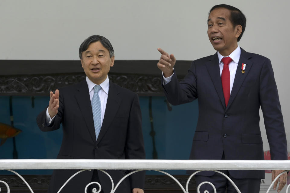 Japan's Emperor Naruhito, left, talks with Indonesian President Joko Widodo during their meeting at Bogor Palace in Bogor, West Java, Indonesia, Monday, June 19, 2023. (Bay Ismoyo/Pool Photo via AP)