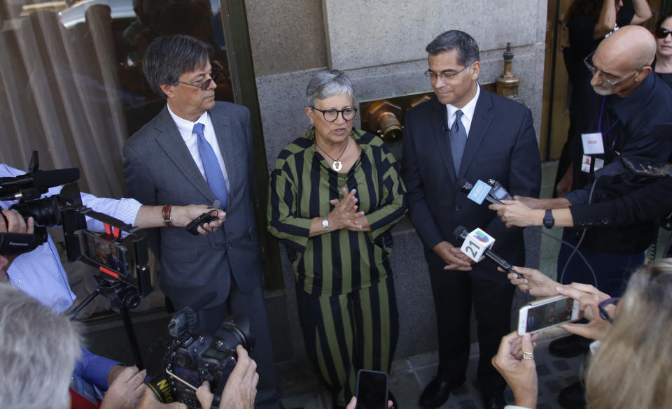 From left: California leaders Cal/EPA Secretary Matthew Rodriguez, California Air Resources Board Chair Mary Nichols and California Attorney General Xavier Becerra talk to the media on Monday, Sept. 24, 2018, in Fresno, Calif. (Photo: Gary Kazanjian/AP)