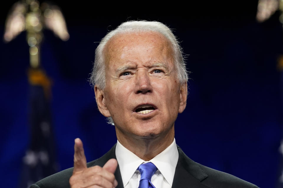 Democratic presidential candidate former Vice President Joe Biden speaks during the fourth day of the Democratic National Convention, Thursday, Aug. 20, 2020, at the Chase Center in Wilmington, Del. (AP Photo/Andrew Harnik)