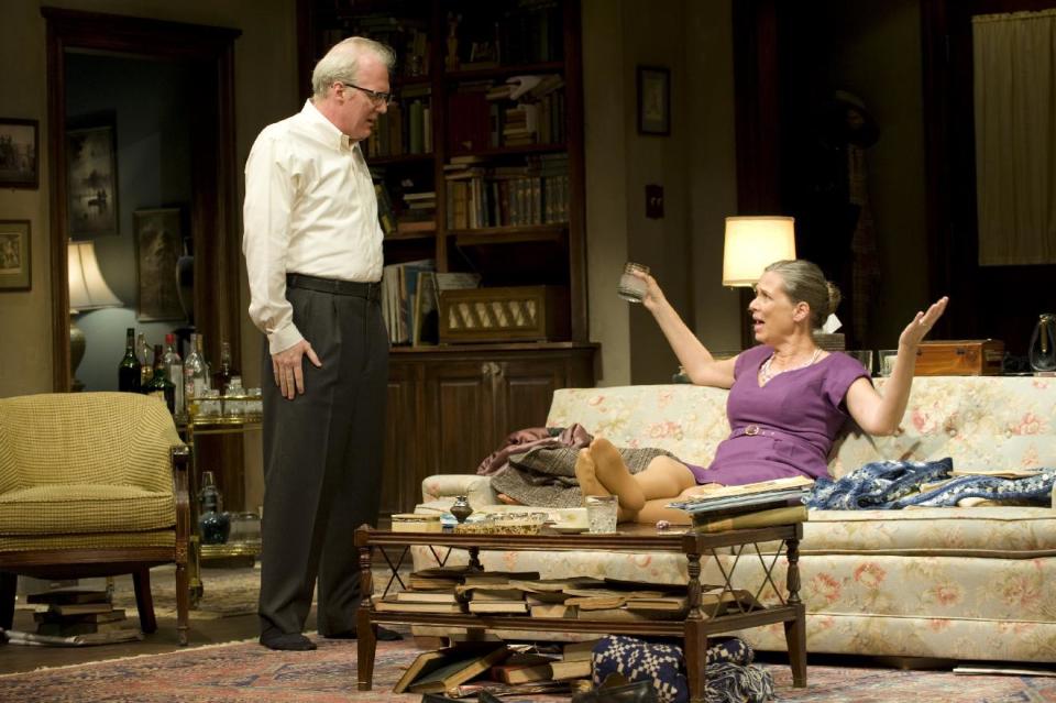 This theater image released by Jeffrey Richards Associates shows, Tracy Letts, left, and Amy Morton during a performance of Edward Albee's Who's Afraid of Virginia Woolf, opening Oct. 13, 2012 at the Booth Theatre in New York. (AP Photo/Jeffrey Richards Associates, Michael Brosilow)