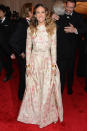  <p class="MsoNormal"><span>Wowee wallpaper! The usually stylish Sarah Jessica Parker went with a bizarre “Little House on the Prairie”-like Valentino gown, which looked even more odd with the Wonder Woman-esque pair of gold cuffs she wore over the sleeves.</span></p>