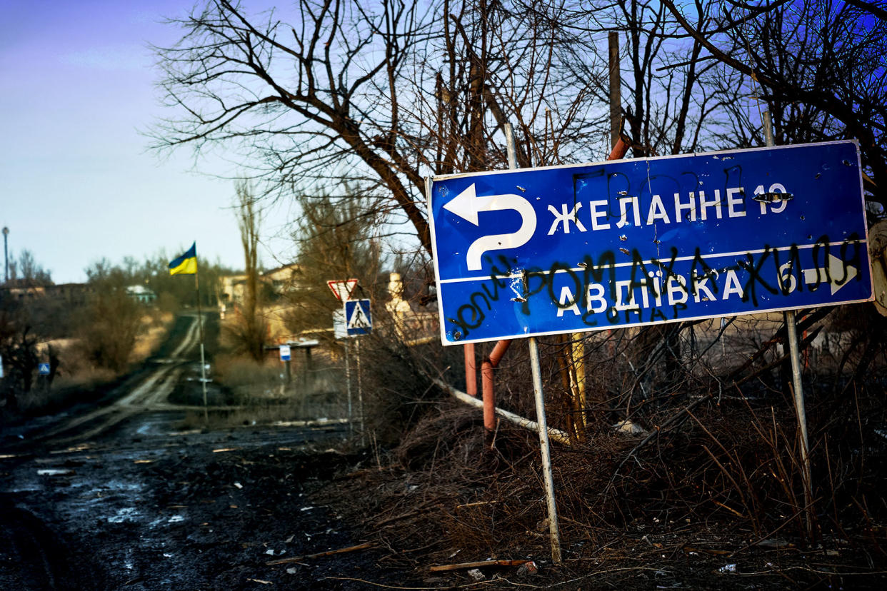 Road sign on the outskirts of Avdiivka Ukraine Kostiantyn Liberov/Libkos/Getty Images