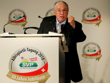 FILE PHOTO: Former Swiss Minister and National Councillor Christoph Blocher of the Swiss People's Party (SVP) addresses the traditional 'Albisguetli-Tagung' party meeting in Zurich, Switzerland January 19, 2018. REUTERS/Arnd Wiegmann/File photo