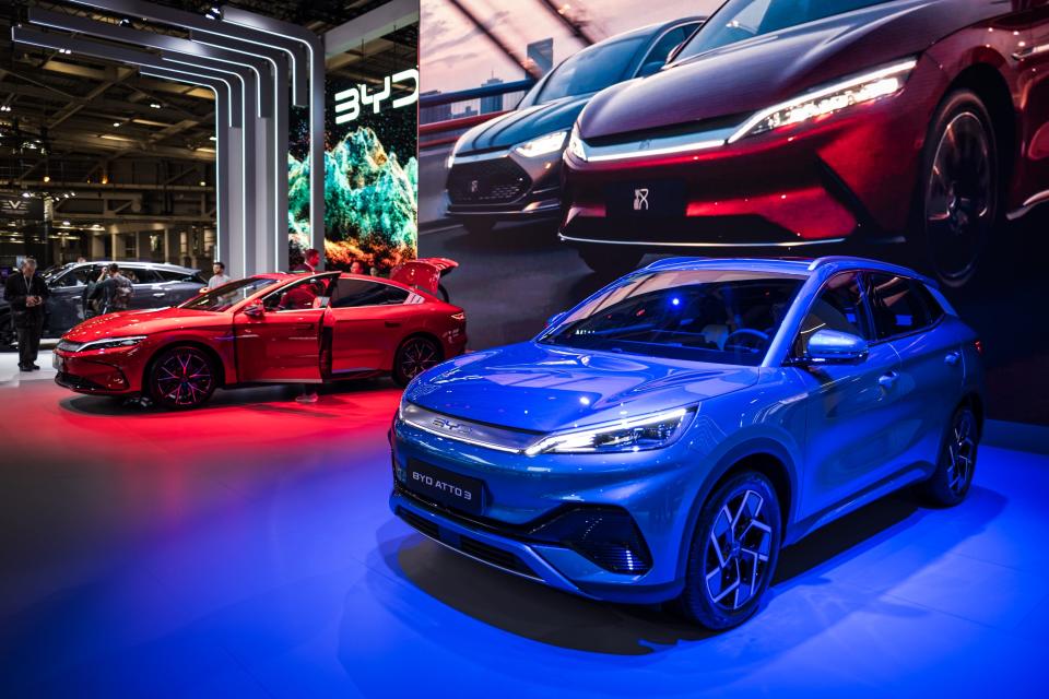 The new BYD Atto 3 is displayed on the BYD booth at Parc des Expositions Porte de Versailles on October 17, 2022 in Paris, France. The Paris Motor Show will present the latest models from the world's leading car manufacturers at the Paris Expo Exhibition Center from October 17 to October 23, 2022.