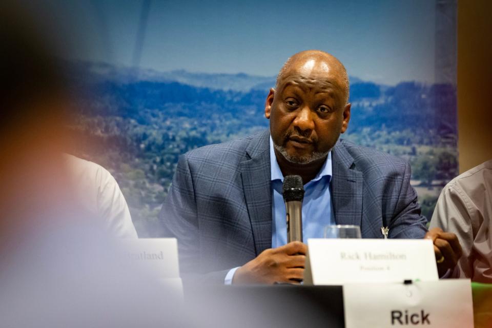 Rick Hamilton, a candidate for the Eugene School District 4J school board, speaks April 4 during a candidate forum.